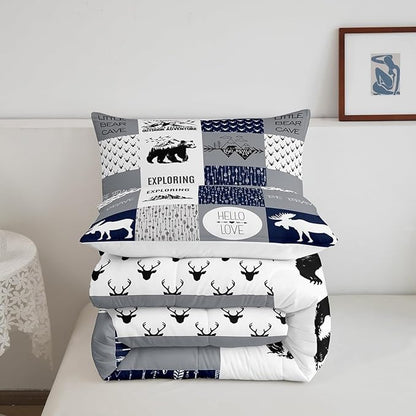 Feelyou Bear Deer Comforter Set Hunting Camping Bedding Set for Kids Boys Girls Deer Antler Comforter Rustic Cabin Plaid Duvet Set 1 Comforter Set with 2 Pillowcases Queen Size Boys