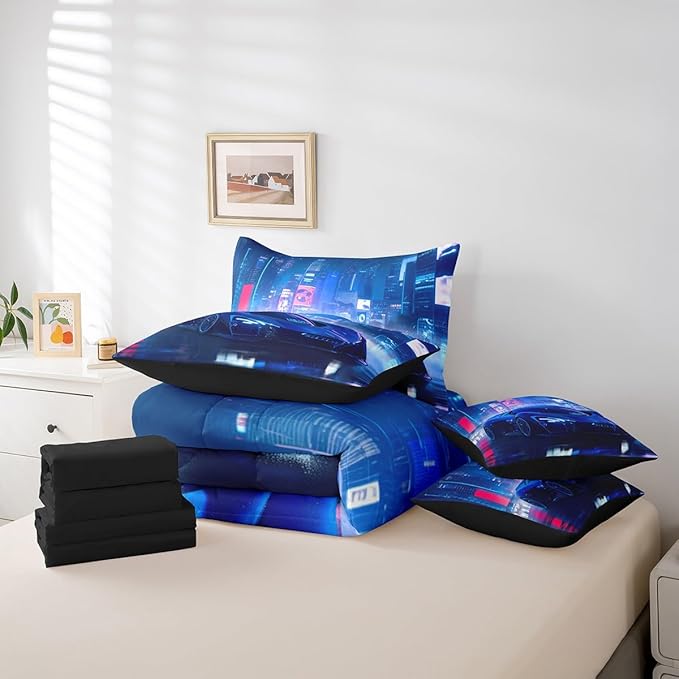 Feelyou City Racing Car 7 Piece Bedding Set King Size Blue Sport Car Comforter Set with Sheets for Adult Kids Boys Teens Fast and Furious Bed in a Bag Luxury Car Bed Set