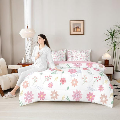 Feelyou Cute Flower 7 Piece Bedding Set Fresh Flower Floral Comforter Set with Sheets for Kids Boys Girls Nature Plants Bed in a Bag Pink Green Bed Set Soft Lightweight