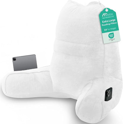 Sasttie Reading Pillow for Bed - 23 Inch, Back Pillow for Bed Sitting Up, Back-Rest Support Cushion with Side Pockets and Arms, Dorm Essentials, Oeko-Tex Certified, White