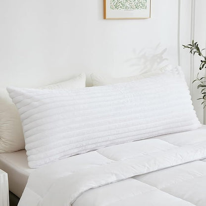 Full Body Pillow with Fluffy Stripe Faux Fur Removable Cover, Long Bed Pillow Adult 20x54 Inches for Side Sleeper and Pregnancy, White.