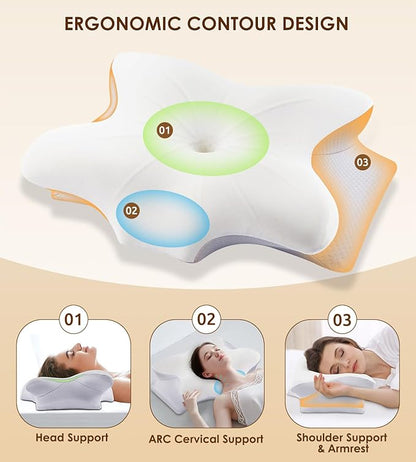 Cervical Pillow for Neck Pain Relief - Cooling Memory Foam Neck Pillows for Sleeping, Ergonomic Neck Support Pillow for Side Back Stomach Sleeper with Washable Pillowcase & 2 Different Heights