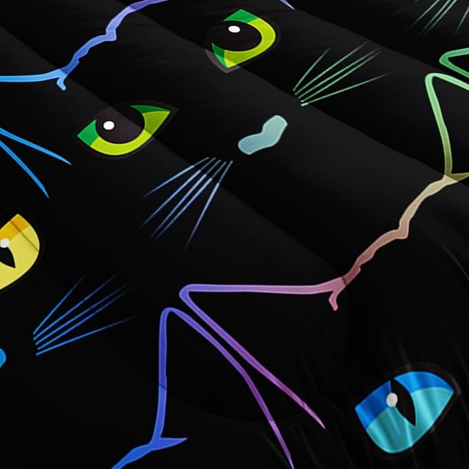 Kawaii Cat Comforter Set, Colorful Line Cat Queen Size Bedding Set for Boys Girls Teens, Cartoon Cute Cat Black Quilt Set for Room Decor, Style 2