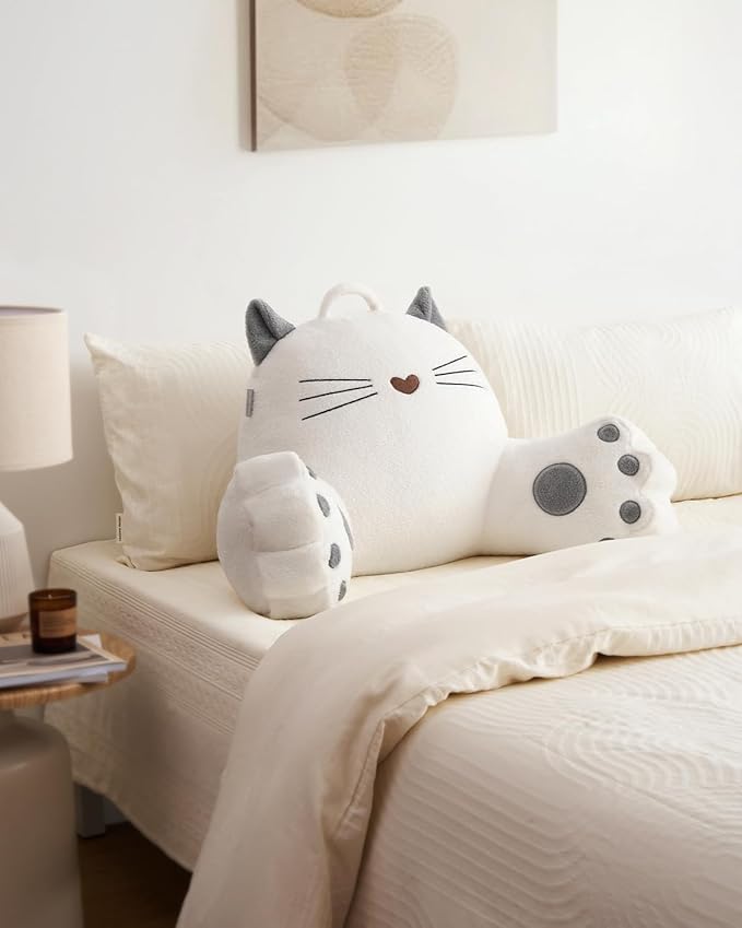 Blissful Diary Kitty Reading Pillow for Kids/Teens/Adults, Back Rest Pillow for Sitting Up in Bed with Shredded Memory Foam, Includes Arms and Washable Cover, Pure White