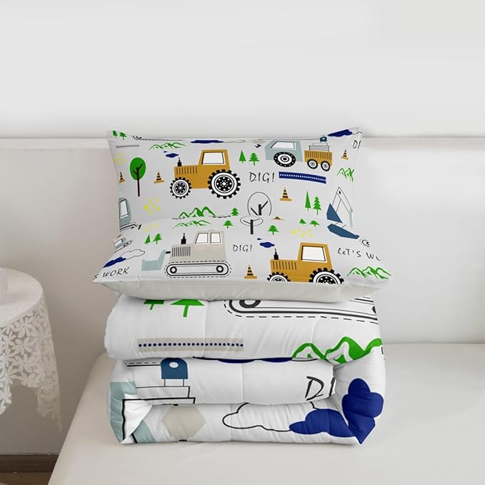 Feelyou Construction Comforter Set Toddler Size Equipment Trucks Bedding Set for Kids Boys Construction Vehicles Duvet Quilt Excavator Tractor Bedroom Decor Cartoon Car Grey2 Pcs with 1 Pillow Cases