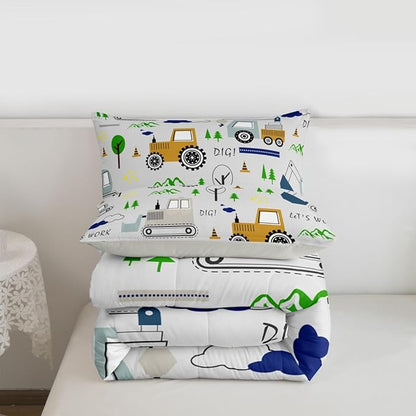 Feelyou Construction Comforter Set Toddler Size Equipment Trucks Bedding Set for Kids Boys Construction Vehicles Duvet Quilt Excavator Tractor Bedroom Decor Cartoon Car Grey2 Pcs with 1 Pillow Cases