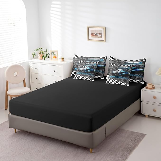 Feelyou Blue Racing Car 7 Piece Bedding Set King Size Kids Boys Speed Race Car Comforter Set with Sheets for Teens Toddler Extreme Sports Bed in a Bag Camouflage Bed Set