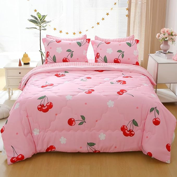 Girls Cherry Comforter Bedding Set Full Size 7 Piece Pink Kawaii Oriental Cherry Comforter Set Bed in A Bag for Kids Teens All Season (Comforter,Flat Sheet,Fitted Sheet and Pillow Sham)