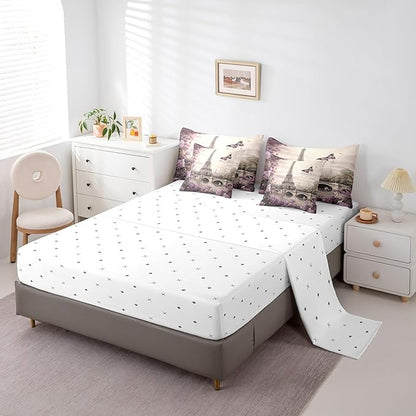 Feelyou Eiffel Tower Comforter Set with Sheets Full Size Paris 7 Piece Bedding Set for Kids Boys Girls Teens Toddler Purple Flower and Butterfly Bed in a Bag Vintage Retro Bed Set