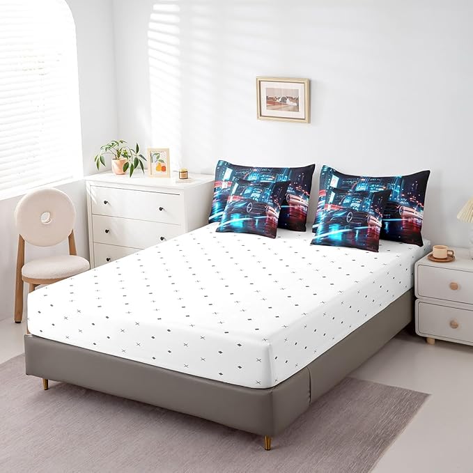 Feelyou City Racing Car 7 Piece Bedding Set King Size for Kids Boys Extreme Sport Games Comforter Set with Sheets Teens Toddler Fast and Furious Bed in a Bag Cool Modern Bed Set