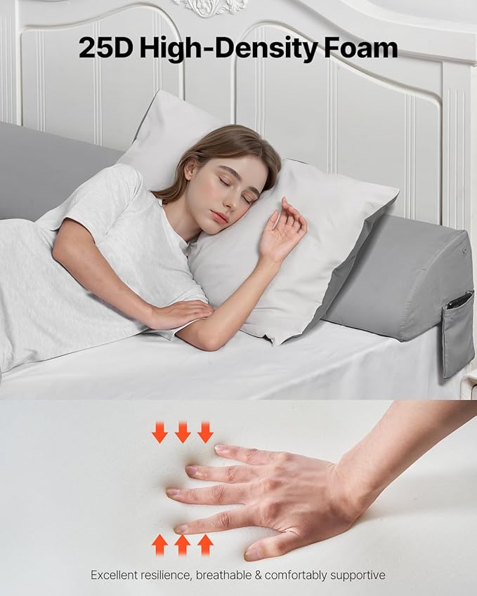 VEVOR Bed Wedge Pillow for Headboard, King Size, 72"x10"x6" Bed Gap Filler, Fill 0-7" Gap Between Headboard and Mattress, 25D Foam Mattress Wedge Headboard Pillow with Side Pocket, for Backrest, Gray