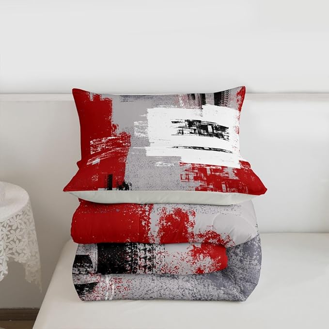 Feelyou Abstract Bedding Set Comforter Set for Kids Boys Children Modern Abstract Art Comforter Ultra Soft Decor Red Grey White Duvet Set Twin Size