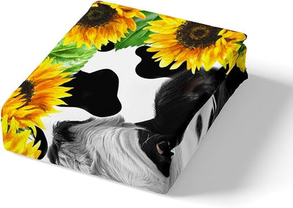 Cow Duvet Cover Set, Milk Cow Print and Yellow Sunflowers Print Comforter Cover for Kids Girls Teens Bedroom Decor, Cute Animal and Floral Theme Bedding Set + 1 Pillowcases, Twin