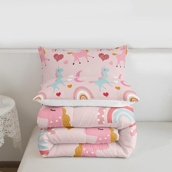 Feelyou Girls Unicorn Comforter Set Full Size Kids Cute Pink Rainbow Horse Decor Comforter for Unicorn Lover Daughter Bedding Set Boho Star Moon Duvet Set (1 Comforter + 2 Pillowcases, Full)
