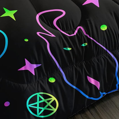 Black Cat Bedding Cartoon Cat Comforter Set Full,Moon Stars Printed Kids Bedding Set for Boys Girls Adults Room Decor,Kids Comforter Set All Season,1 Quilt 2 Pillow Cases,Neon Color Blue Green