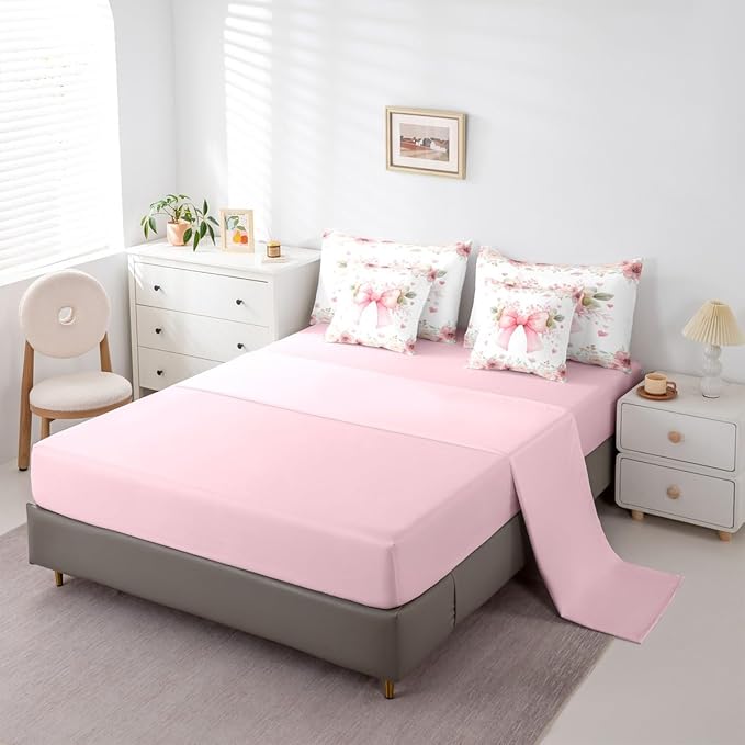 Erosebridal Pink Bow 7 Piece Bedding Set - Kawaii Floral Bowknot Comforter Sets with Sheets for Kids Girls Room Decor - Romance Flowers Coquette Bowknot Bed in A Bag Full Size