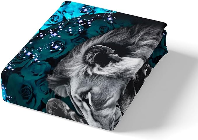 Lion Couple Duvet Cover Set King Size,Heart Shape Wild African Animal Comforter Cover with 2 Pillowcases,Blue Rose Flowers Modern Bedding Set for Adult Young Bedroom Xman Gift