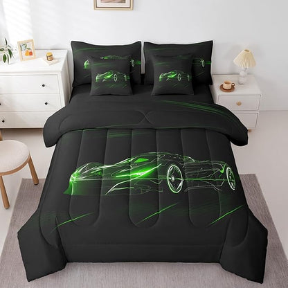 Feelyou Green Race Car 7 Piece Bedding Set King Size for Kids Boys Extreme Sport Games Comforter Set with Sheets Teens Toddler Fast and Furious Bed in a Bag Cool Modern Bed Set