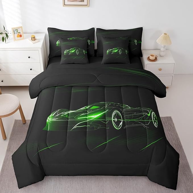 Feelyou Green Race Car 7 Piece Bedding Set Twin Size for Kids Boys Extreme Sport Games Comforter Set with Sheets Teens Toddler Fast and Furious Bed in a Bag Cool Modern Bed Set