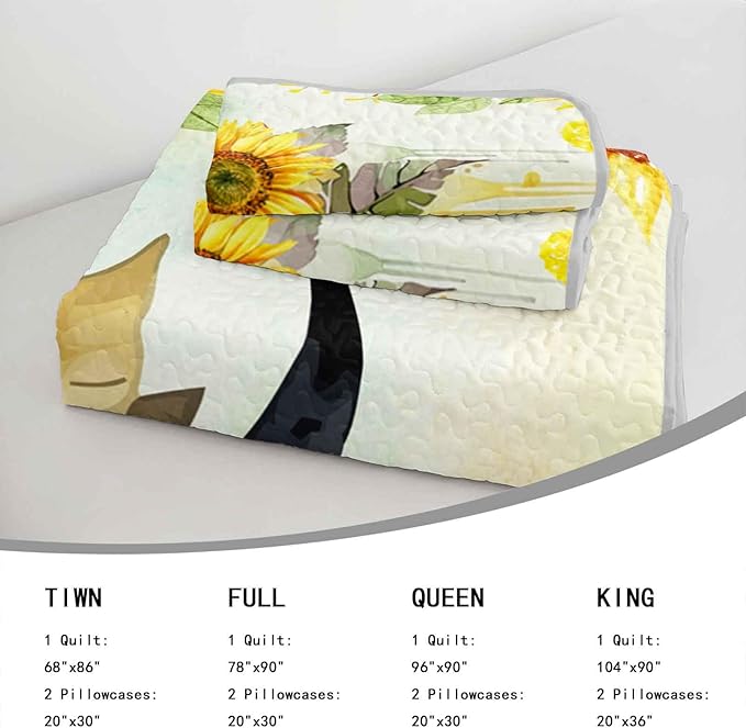 AILONEN Bull Skull Quilt Set King Size,Yellow Sunflower Bedspread Coverlet with 2 Pillowcases,3-Piece Soft Lightweight Boho Bed Cover