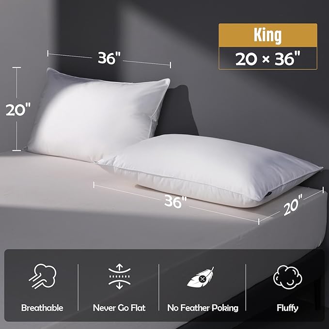 Feather Down Pillow King Size Set of 2 Pack, 100% Cotton Hotel Collection Bed Pillows for Sleeping, Down Surrounded Soft Medium Firm Pillows for Side Back Stomach Sleepers 20" x 36"