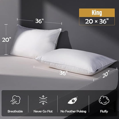 Feather Down Pillow King Size Set of 2 Pack, 100% Cotton Hotel Collection Bed Pillows for Sleeping, Down Surrounded Soft Medium Firm Pillows for Side Back Stomach Sleepers 20" x 36"