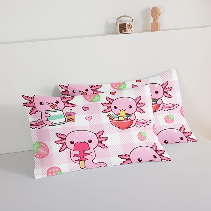 HOSIMA Axolotl Comforter Set Full Size for Kids Girls,Pink Cartoon Axolotl Eat Dessert Printing Bedding Set Full Size for Princess Bedroom Decor with Two Pillowcases.