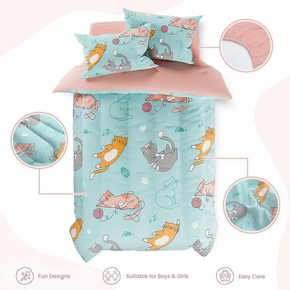 SANDJEST Cat Comforter Set Full for Girls, Ultra Soft Microfiber Bedding Sets with 4-Pieces, Cats Comforters Bed Sets for Kids Children Girl Bedroom Decor