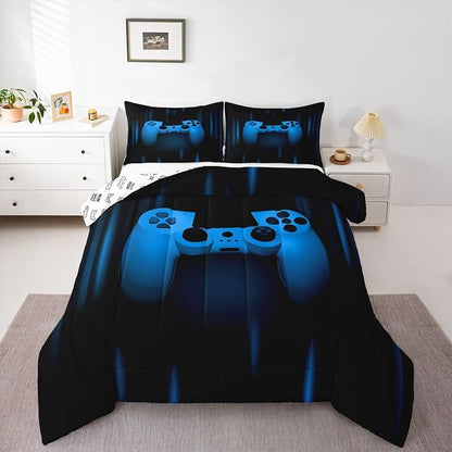 Feelyou Boys Gamer Comforter Set Full Size Bedding Set for Kids Gaming Comforter Blue Black Video Games Gamepad Room Decor for Teens Child Super Soft Geometric Duvet Quilted Son Grandson Gift