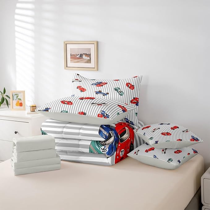 Feelyou Race Car 7 Piece Bedding Set King Size Cartoon Cute Car Comforter Set with Sheets for Kids Boys Girls Speed Sports Bed in a Bag Extreme Sports Bed Set Soft Lightweight