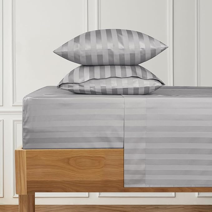 URBANHUT 1000 Thread Count Egyptian Cotton Sheets Striped King Size, Breathable Long Staple, 4 Pc Bed Sheet Sets, Luxury Hotel Sateen Sheets Fits 16" Deep Pocket - Silver Grey