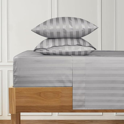 URBANHUT 1000 Thread Count Egyptian Cotton Sheets Damask Striped Queen Size, Breathable Long Staple, 4 Pc Bed Sheet Sets, Luxury Hotel Sateen Sheets Fits 16" Deep Pocket - Silver Grey