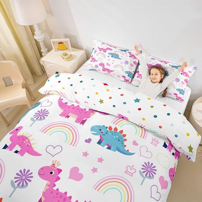 Kawaii Dino Duvet Cover Set Twin Size,Cute Rainbow Floral Love Heart Reversible Bedding Set Soft Bedroom Decor,Purple Blue Dinosaur Lovely Animal Polyester Quilt Cover (No Comforter), 2 Pcs
