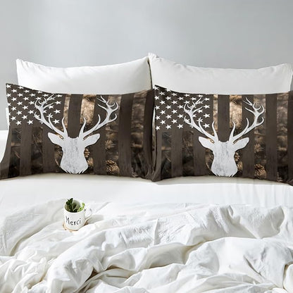 Camo American Flag Duvet Cover Queen Size, Brown Deer and Trees Silhouette Natural Style Bedding Comforter with 2 Pillowcases, 3pcs National Flag Camouflage Bedding Set for Children Adult
