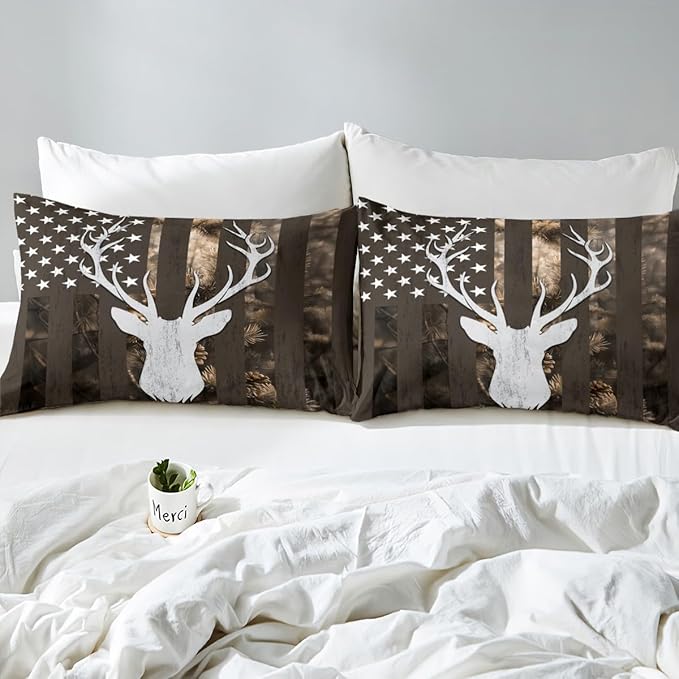 Camo American Flag Duvet Cover Twin Size, Brown Deer and Trees Silhouette Natural Style Bedding Comforter with 1 Pillowcase, 2pcs USA Flag Camouflage Bedding Set for Kids Boys Room