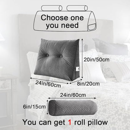 Velvet Triangular Headboard Wedge Pillow With Roll Pillow,Removable Cover Headboard Pillow Daybed Bunk Bed,Backrest Positioning Support Pillow Resting Reading Relaxing (Grey, Small(24 * 20 * 8in))