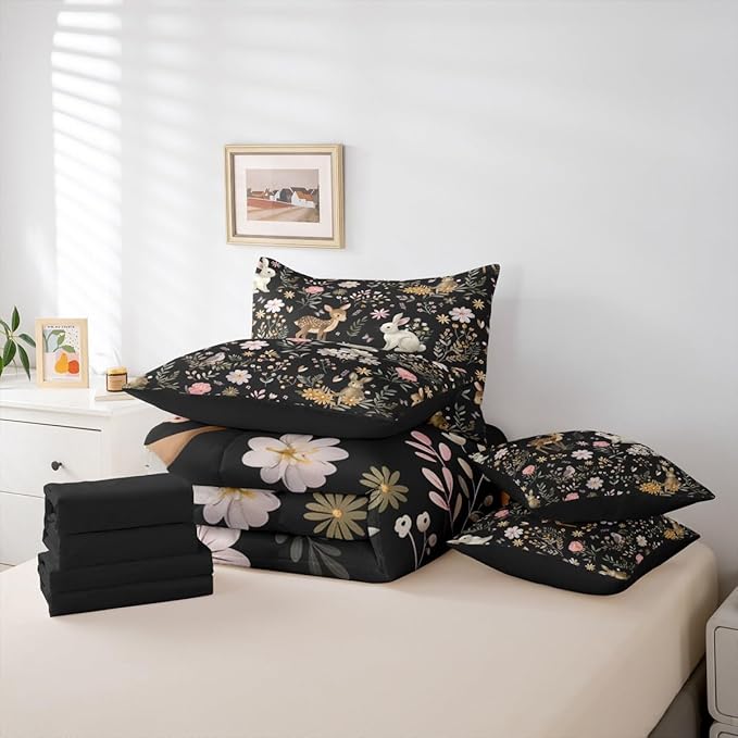 Feelyou Cute Deer and Rabbit 7 Piece Bedding Set Floral Flower Comforter Set with Sheets for Kids Boys Girls Nature Plants Bed in a Bag Black Colorful Bed Set Soft Lightweight
