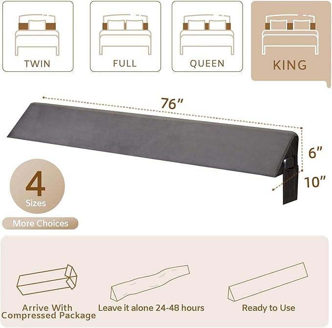 Bedluxe King Wedge Pillow Headboard (76"x10"x6"), Bed Wedge Pillow for Headboard, Foam Headboard Pillow, Bed Gap Filler King - Fill The Gap (0-7"), Mattress Gap Filler (Short Plush, 76"x10"x6")