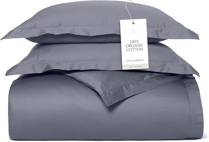 BOLL & BRANCH Signature Hemmed Duvet Set - King/Cal King, Mineral - Luxury 100% Organic Cotton - 1 Duvet Cover, 2 Shams - Buttery Soft, Hidden Closures