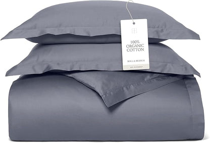 BOLL & BRANCH Signature Hemmed Duvet Set - Full/Queen, Mineral - Luxury 100% Organic Cotton - 1 Duvet Cover, 2 Shams - Buttery Soft, Hidden Closures