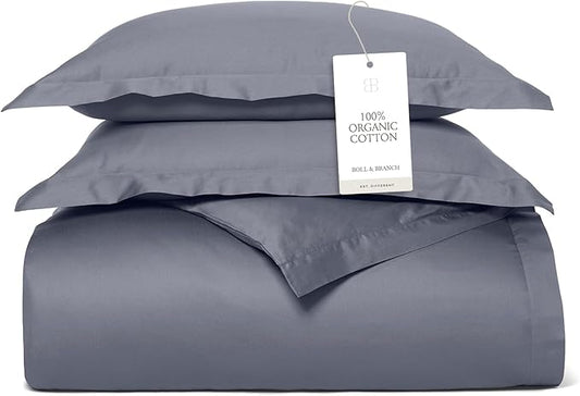 BOLL & BRANCH Signature Hemmed Duvet Set - Twin/Twin XL, Mineral - Luxury 100% Organic Cotton - 1 Duvet Cover, 2 Shams - Buttery Soft, Hidden Closures