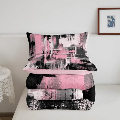 Feelyou Pink Black Abstract Duvet Quilt Queen Size Geometric Bedding Set for Kids Boys Girls Decor Modern Comforter Set Breathable Soft Lightweight Microfiber Buffalo Check Bedroom Decor Bedclothes