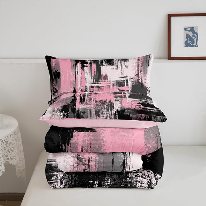 Feelyou Pink Black Abstract Duvet Quilt Full Size Geometric Bedding Set for Kids Boys Girls Decor Modern Comforter Set Breathable Soft Lightweight Microfiber Buffalo Check Bedroom Decor Bedclothes