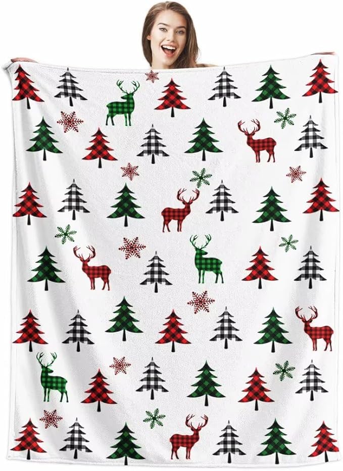Christmas Tree Deer Flannel Throw Blanket Soft Plush for Couch Sofa Bed Christmas Home Decor 50x60