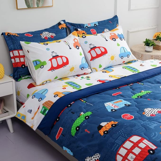 Wajade Cartoon Cars Comforter Set Bed in A Bag Queen Size Colorful Cars Bus Van Traffic Lights Bedding Set for Boys Kids (1 Comforter, 1 Flat Sheet, 1 Fitted Sheet, 2 Pillowcase and 2 Pillow Sham)
