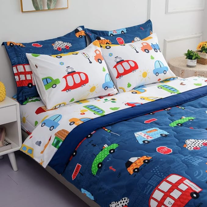 Wajade Cartoon Cars Comforter Set Bed in A Bag Twin Size Colorful Cars Bus Van Traffic Lights Bedding Set for Boys Kids (1 Comforter, 1 Flat Sheet, 1 Fitted Sheet, 2 Pillowcase and 2 Pillow Sham)