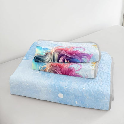 Mermaid Quilted Quilt Queen Bedding Sets for Girls,Cute Mermaid Tail Coral Printed Bedding for Kids Bedroom Glitter Decor,All Season Bed Sets with 2 Pillowcases.