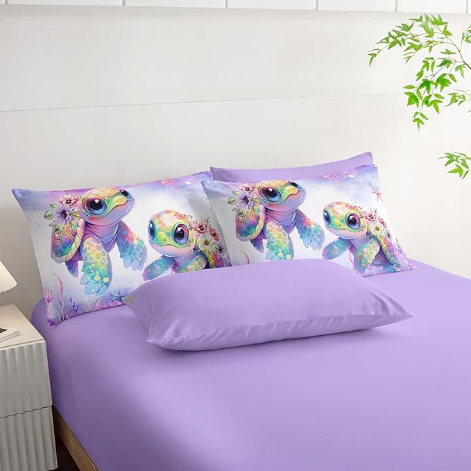 Sea Turtle Bedding Twin Comforter Set 7 Piece,Coastal Beach Themed Bed Set for Kids Girls Room Decor,Cute Bedding with 1 Comforter,1 Flat Sheet,1 Fitted Sheet,4 Pillowcases.