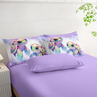 Sea Turtle Bedding Full Comforter Set 7 Piece,Coastal Beach Themed Bed Set for Kids Girls Room Decor,Cute Bedding with 1 Comforter,1 Flat Sheet,1 Fitted Sheet,4 Pillowcases.