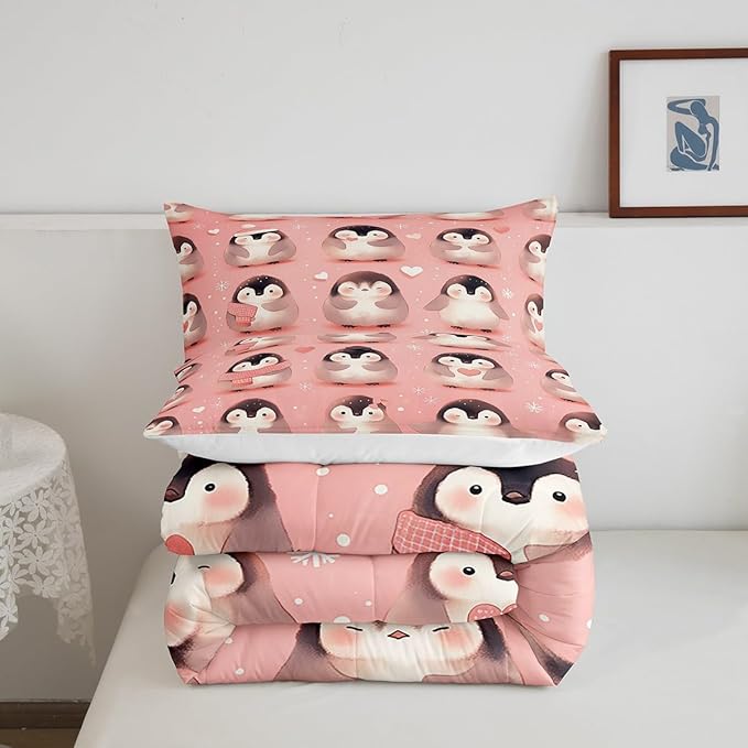 Lovely Penguin Bedding Set Toddler Size Cute Antarctic Animal Comforter Set for Girls Boys Room Decor Watercolor Snowflake Down Comforter Geometric Heart Print Quilt Set with 1 Pillowcase